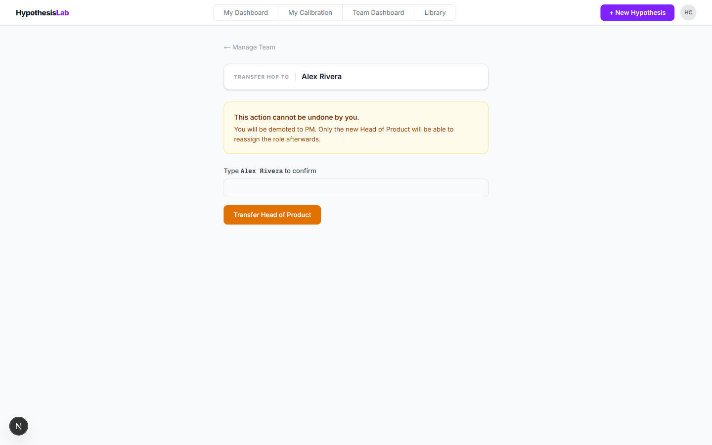 Transfer HoP typed-confirmation page